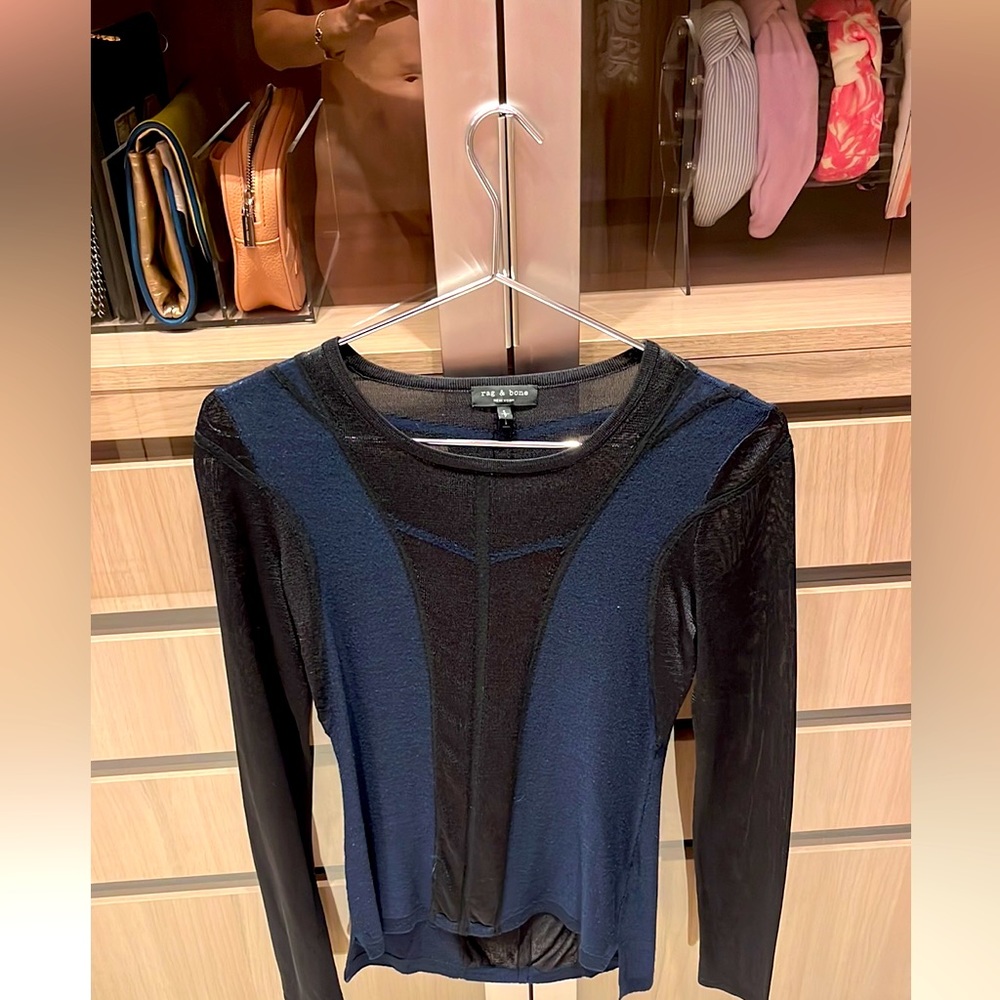 Rag & Bone Sheer Long Sleeve Top Blue and Black